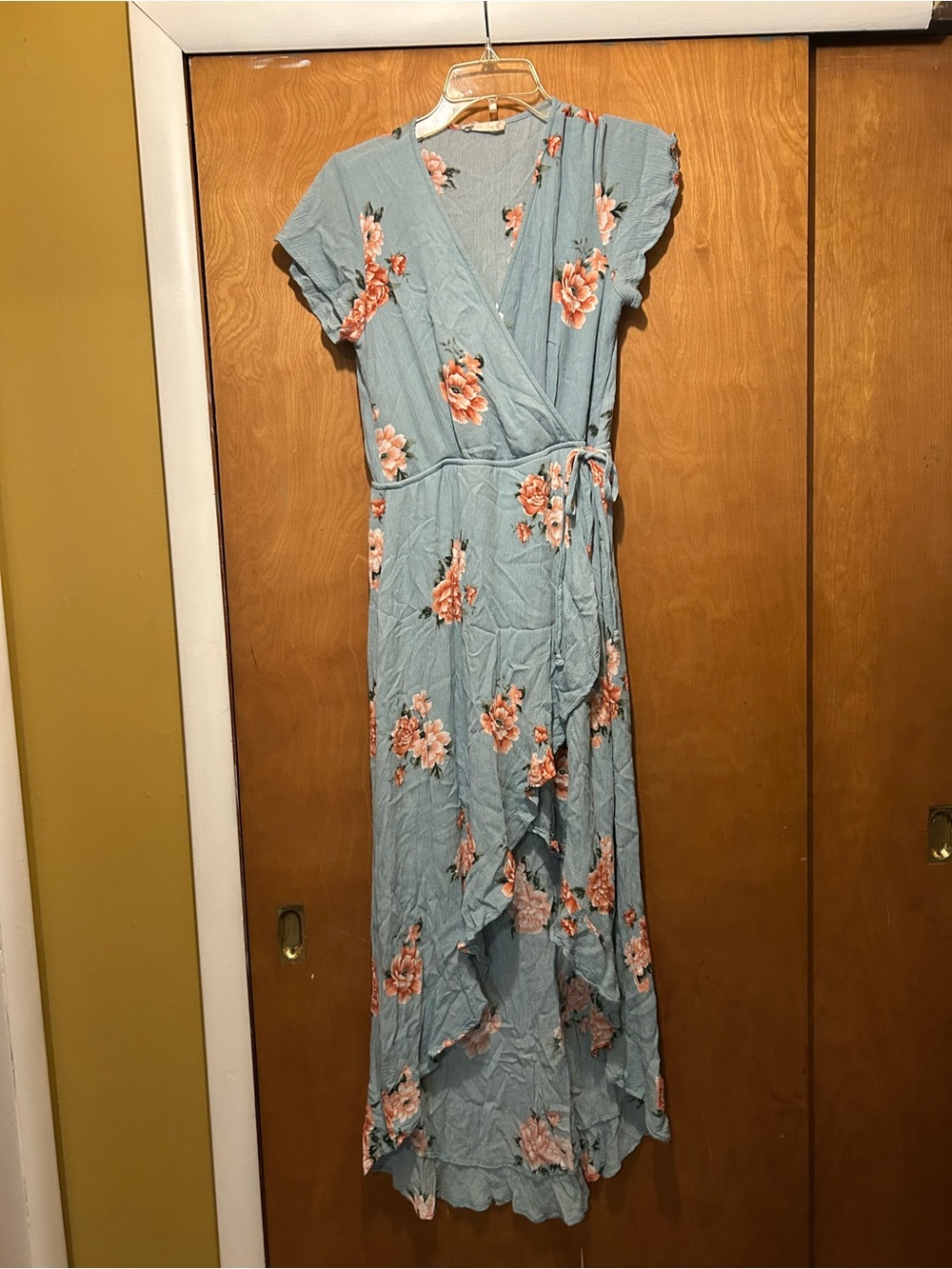 Altar'd State Sky Blue Floral Wrap Maxi Dress with Peach Blooms